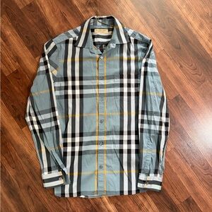 Burberry Light Blue Plaid Button-Down Shirt with Black and Yellow Accents